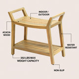 Veyra 25.6" Modern Classic Slatted Solid Acacia Wood Indoor/Outdoor Shower Bench with Shelf and Handle