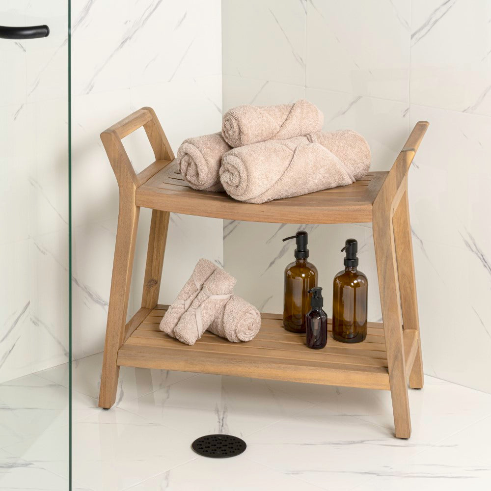Veyra 25.6" Modern Classic Slatted Solid Acacia Wood Indoor/Outdoor Shower Bench with Shelf and Handle