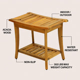 Ferra 22.1" Traditional Classic Slatted Solid Acacia Wood Indoor/Outdoor Shower Bench with Shelf and Handle