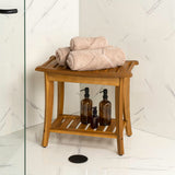 Ferra 22.1" Traditional Classic Slatted Solid Acacia Wood Indoor/Outdoor Shower Bench with Shelf and Handle