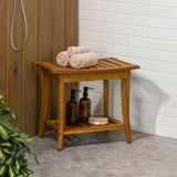 Ferra 22.1" Traditional Classic Slatted Solid Acacia Wood Indoor/Outdoor Shower Bench with Shelf and Handle