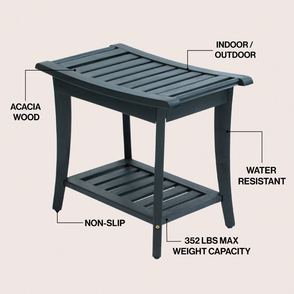 Ferra 22.1" Traditional Classic Slatted Solid Acacia Wood Indoor/Outdoor Shower Bench with Shelf and Handle
