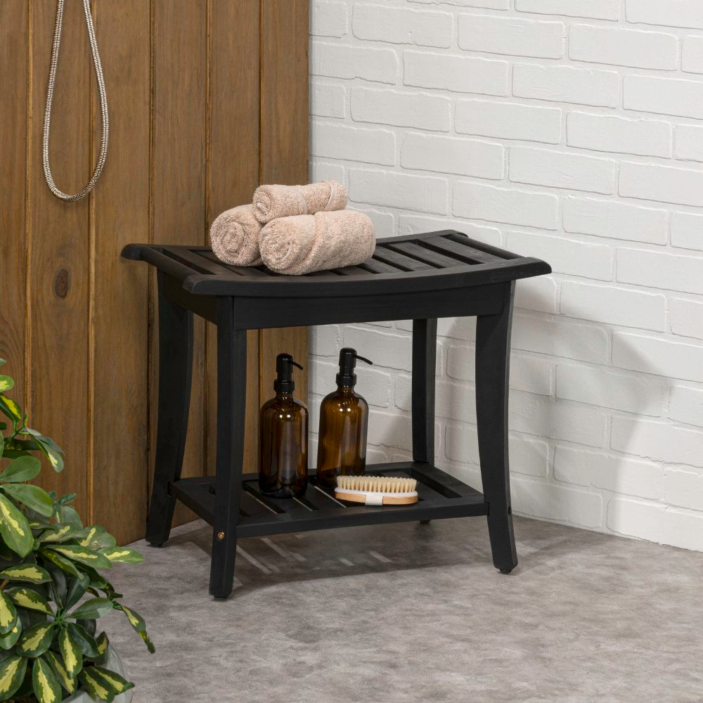 Ferra 22.1" Traditional Classic Slatted Solid Acacia Wood Indoor/Outdoor Shower Bench with Shelf and Handle