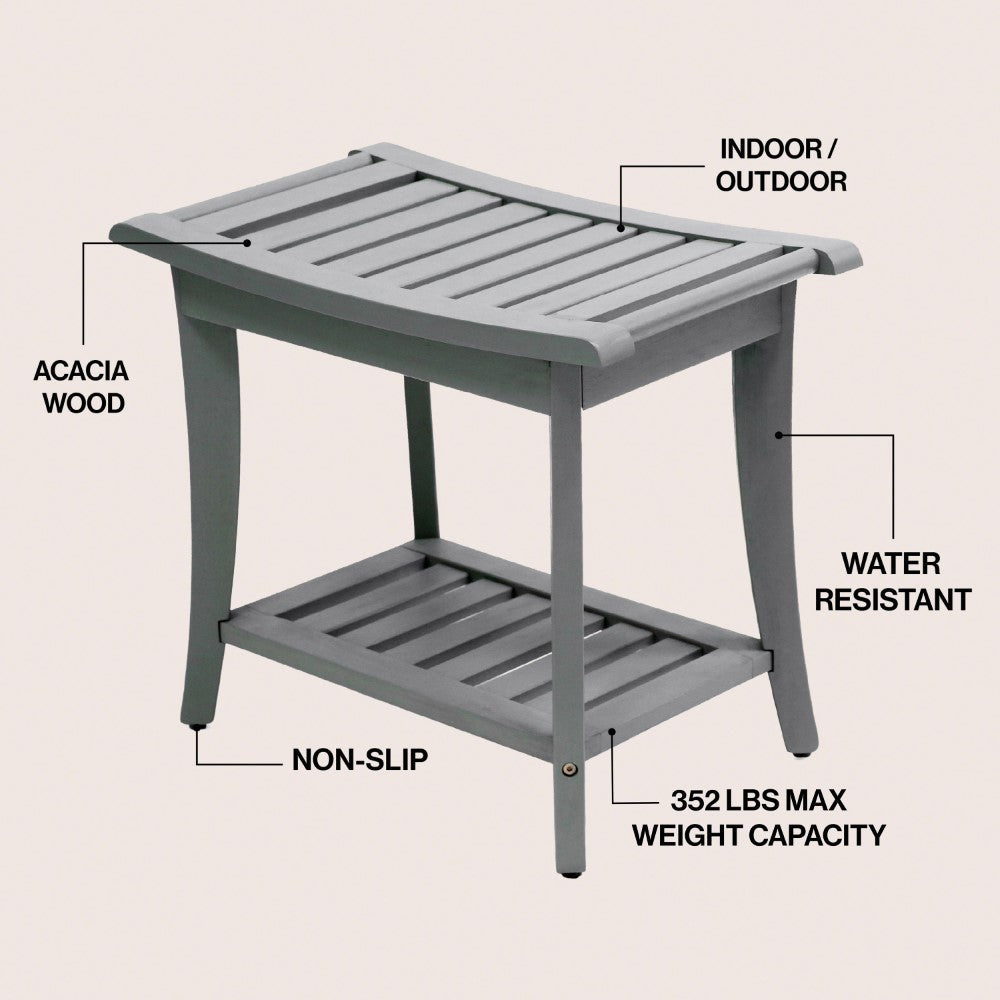 Ferra 22.1" Traditional Classic Slatted Solid Acacia Wood Indoor/Outdoor Shower Bench with Shelf and Handle