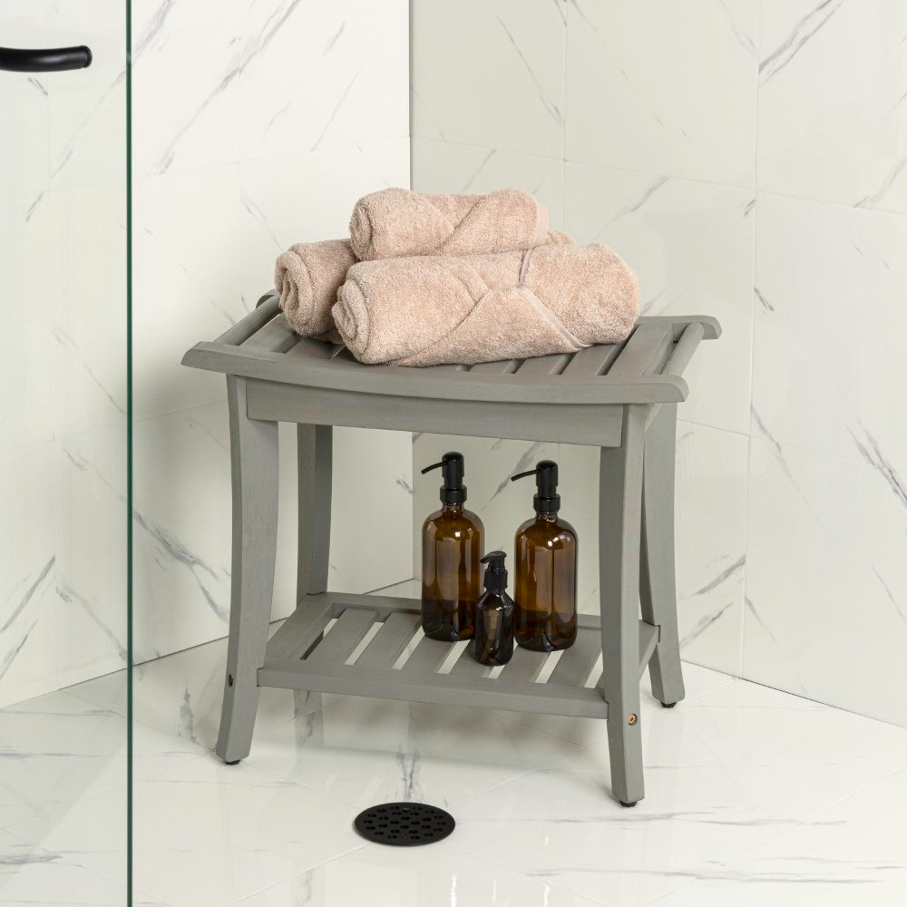 Ferra 22.1" Traditional Classic Slatted Solid Acacia Wood Indoor/Outdoor Shower Bench with Shelf and Handle