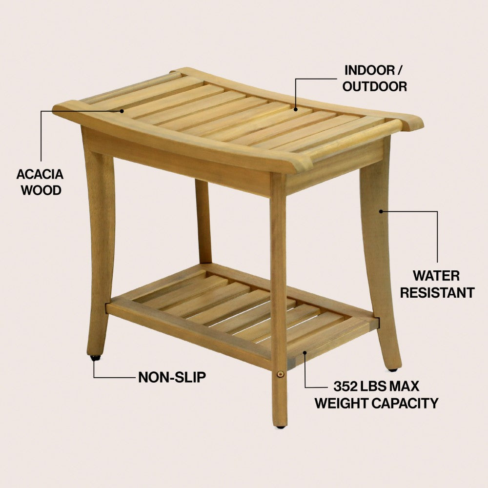 Ferra 22.1" Traditional Classic Slatted Solid Acacia Wood Indoor/Outdoor Shower Bench with Shelf and Handle