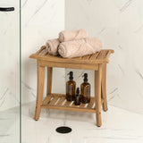Ferra 22.1" Traditional Classic Slatted Solid Acacia Wood Indoor/Outdoor Shower Bench with Shelf and Handle