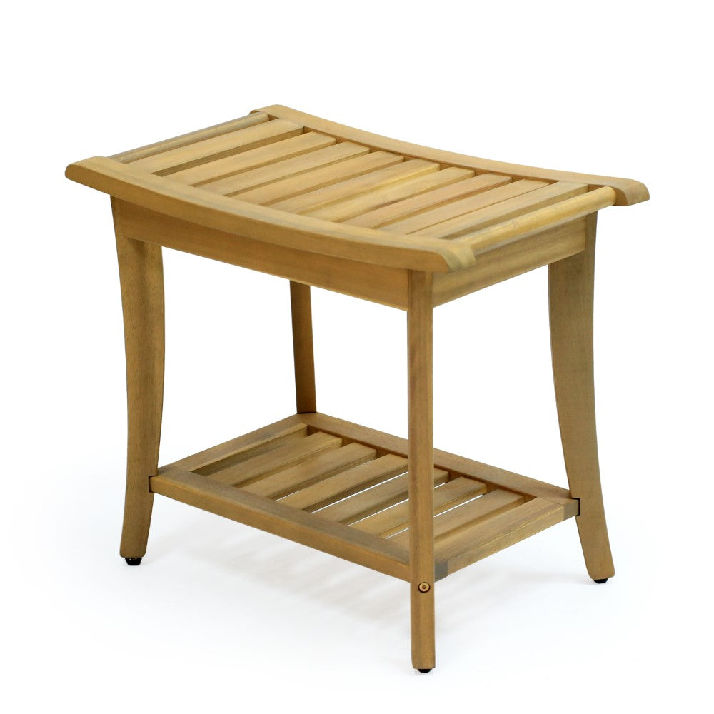 Ferra 22.1" Traditional Classic Slatted Solid Acacia Wood Indoor/Outdoor Shower Bench with Shelf and Handle