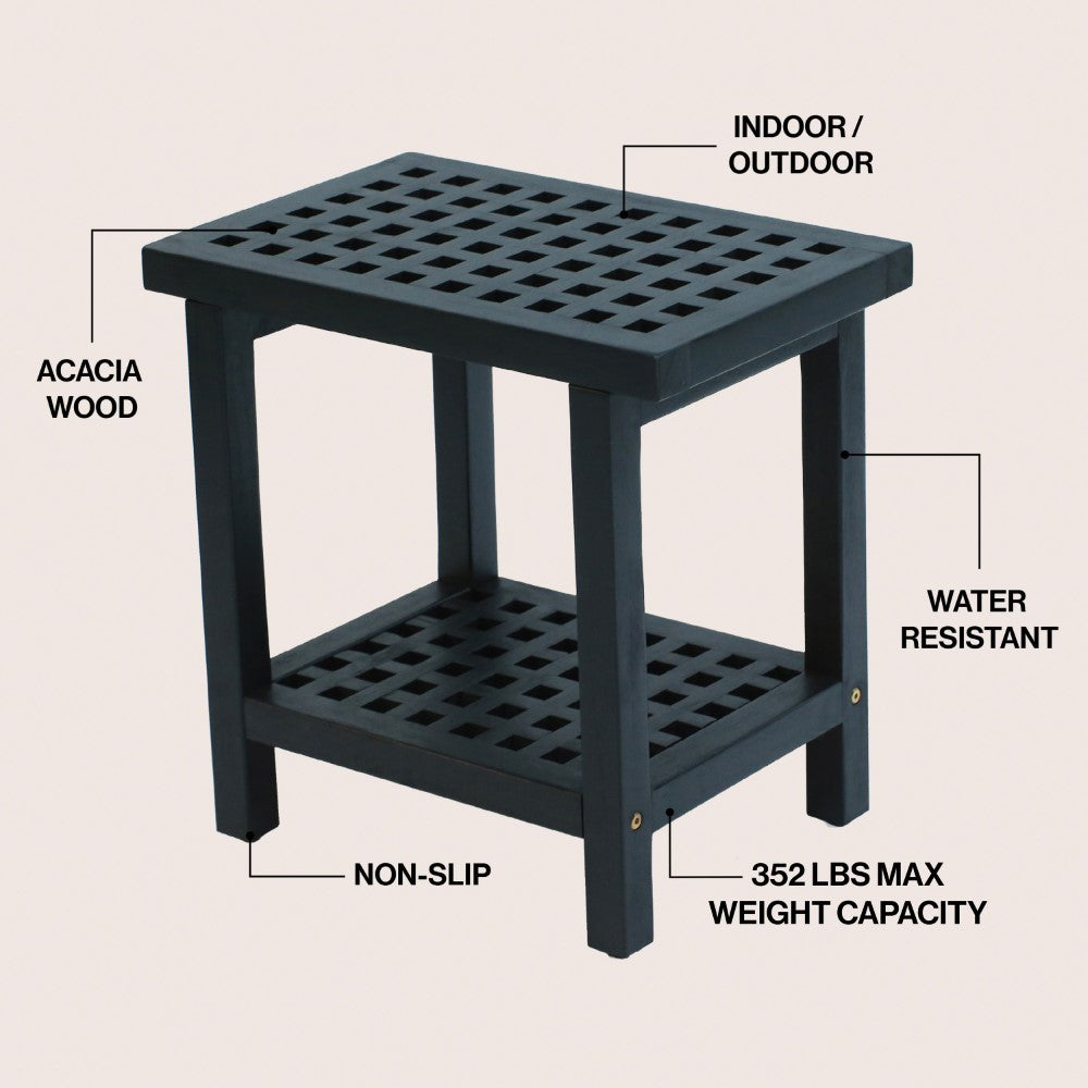 Liora 18.1" Modern Classic Grid Slat Solid Acacia Wood Indoor/Outdoor Shower Stool