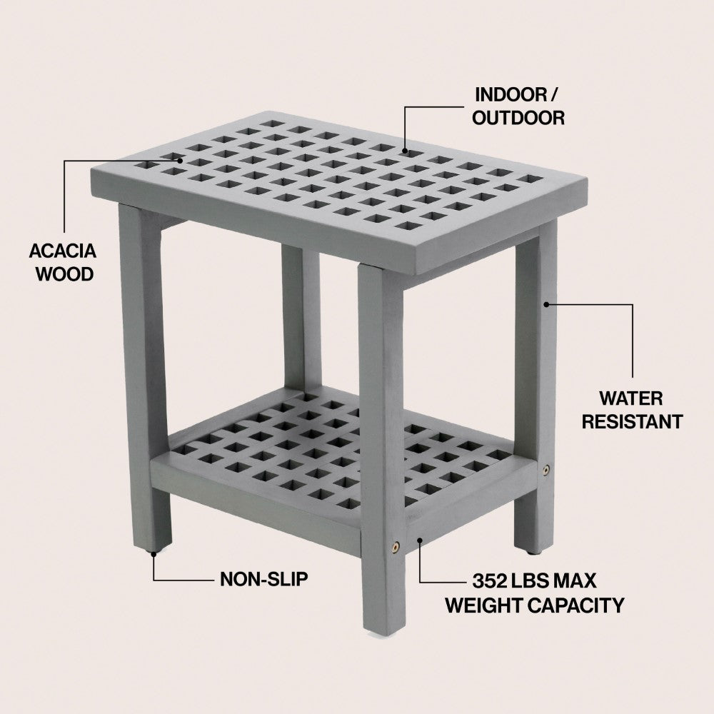 Liora 18.1" Modern Classic Grid Slat Solid Acacia Wood Indoor/Outdoor Shower Stool