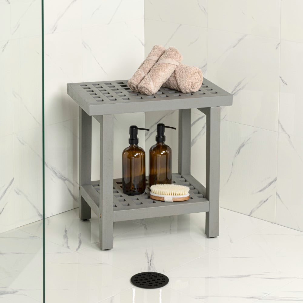 Liora 18.1" Modern Classic Grid Slat Solid Acacia Wood Indoor/Outdoor Shower Stool