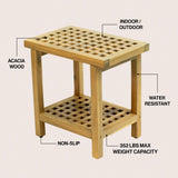Liora 18.1" Modern Classic Grid Slat Solid Acacia Wood Indoor/Outdoor Shower Stool