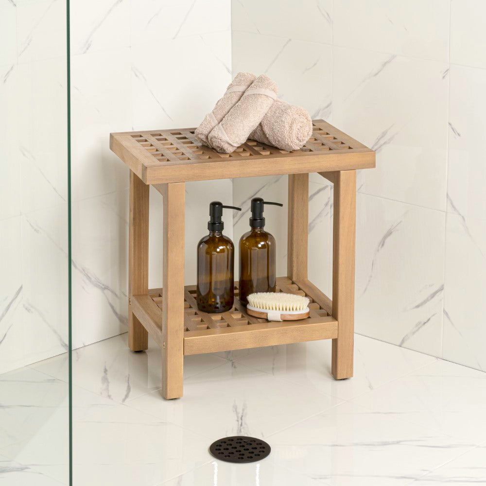 Liora 18.1" Modern Classic Grid Slat Solid Acacia Wood Indoor/Outdoor Shower Stool