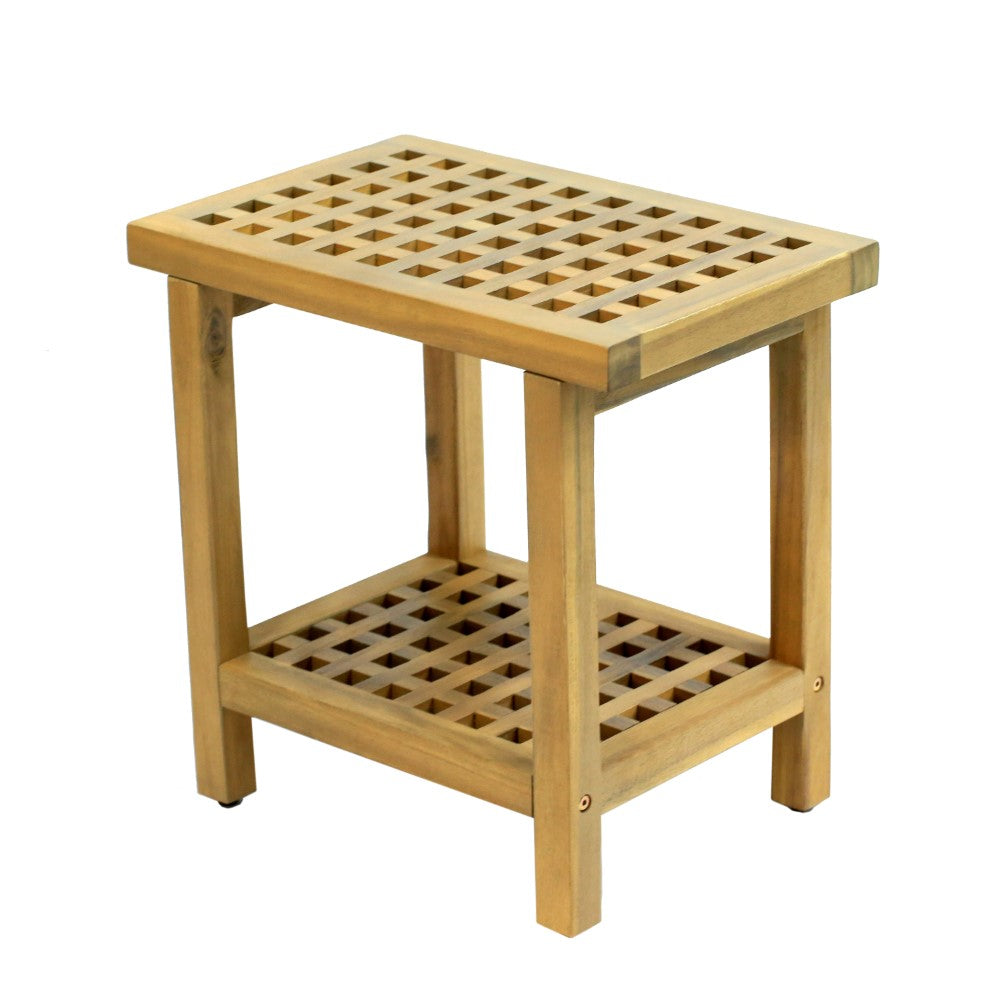 Liora 18.1" Modern Classic Grid Slat Solid Acacia Wood Indoor/Outdoor Shower Stool