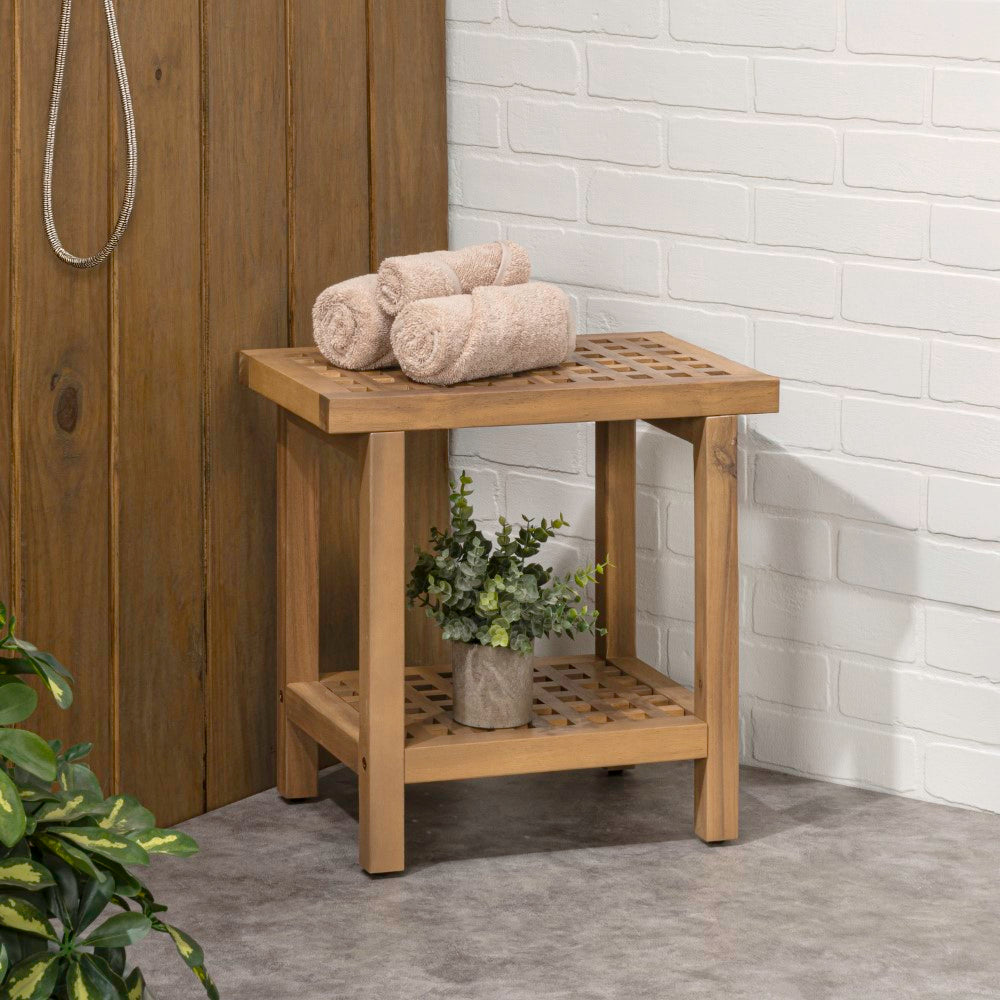 Liora 18.1" Modern Classic Grid Slat Solid Acacia Wood Indoor/Outdoor Shower Stool