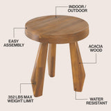 Vortexa 15" Rustic Coastal Acacia Wood Tripod Round Indoor/Outdoor Accent Stool