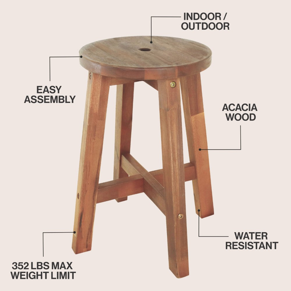 Lunaro 18" Coastal Casual Acacia Wood Round Indoor/Outdoor Accent Stool