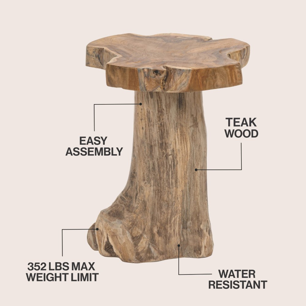 Velric 15.75" Rustic Modern Handcrafted Live Edge Solid Teak Wood Stump Stool