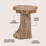 Velric 15.75" Rustic Modern Handcrafted Live Edge Solid Teak Wood Stump Stool