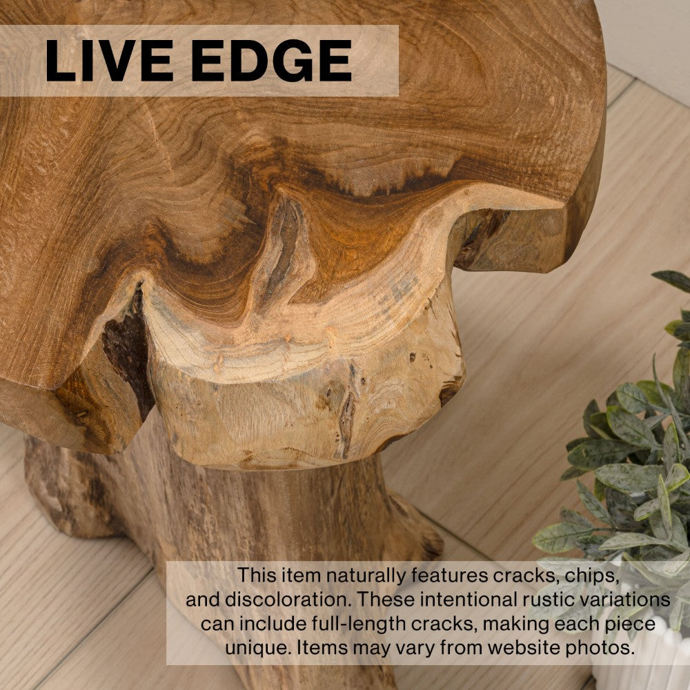 Velric 15.75" Rustic Modern Handcrafted Live Edge Solid Teak Wood Stump Stool