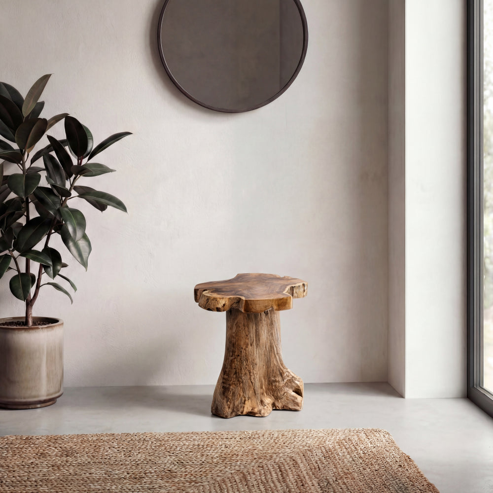 Velric 15.75" Rustic Modern Handcrafted Live Edge Solid Teak Wood Stump Stool