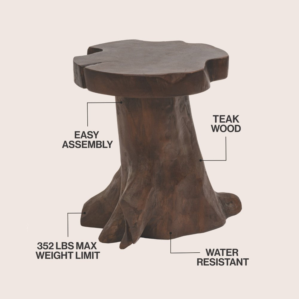 Velric 15.75" Rustic Modern Handcrafted Live Edge Solid Teak Wood Stump Stool