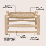 Armino 27.5" Coastal Bohemian Handcrafted Indoor/Outdoor Teak Wood Accent Stool with Woven Seat