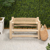 Armino 27.5" Coastal Bohemian Handcrafted Indoor/Outdoor Teak Wood Accent Stool with Woven Seat