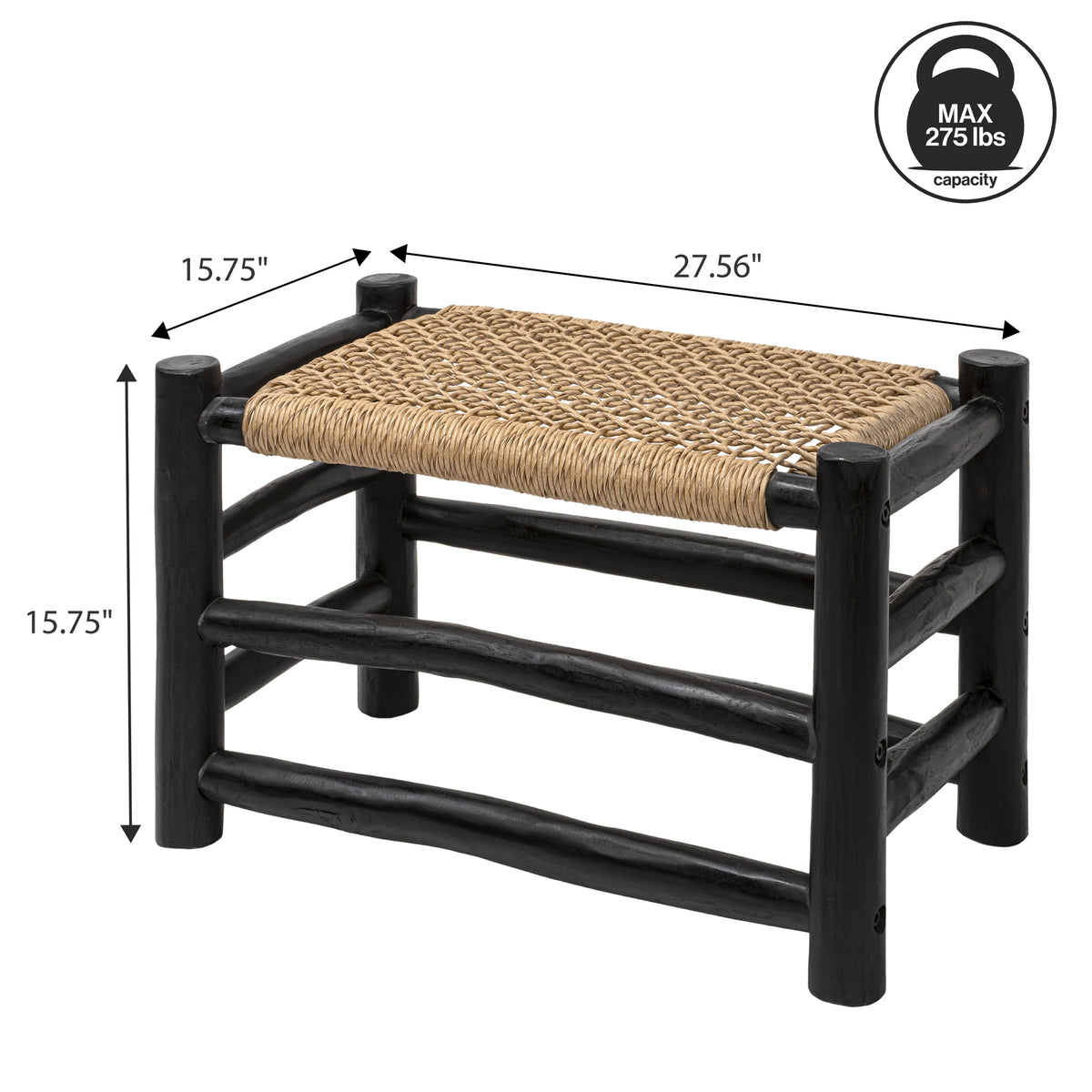 Armino 27.5" Coastal Bohemian Handcrafted Indoor/Outdoor Teak Wood Accent Stool with Woven Seat