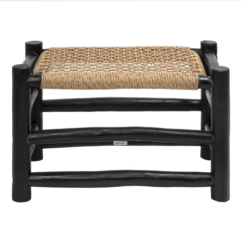 Armino 27.5" Coastal Bohemian Handcrafted Indoor/Outdoor Teak Wood Accent Stool with Woven Seat