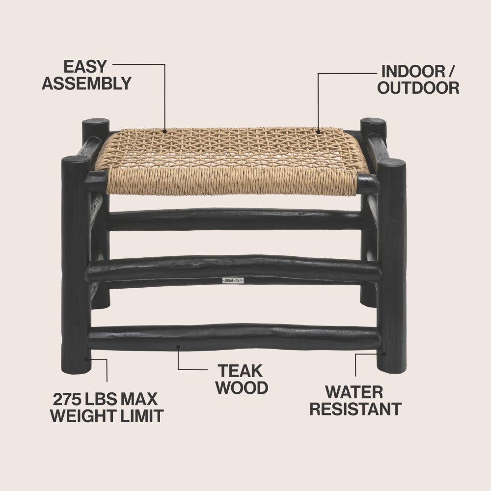 Armino 27.5" Coastal Bohemian Handcrafted Indoor/Outdoor Teak Wood Accent Stool with Woven Seat