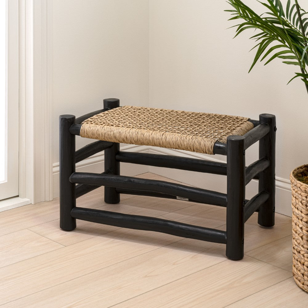 Armino 27.5" Coastal Bohemian Handcrafted Indoor/Outdoor Teak Wood Accent Stool with Woven Seat