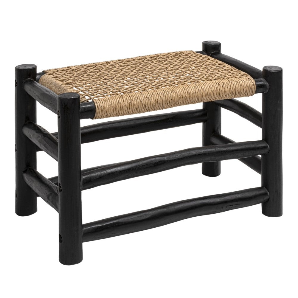 Armino 27.5" Coastal Bohemian Handcrafted Indoor/Outdoor Teak Wood Accent Stool with Woven Seat