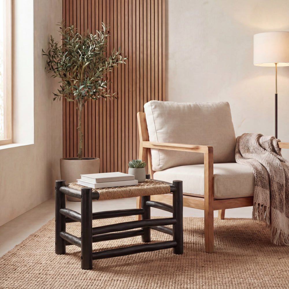 Armino 27.5" Coastal Bohemian Handcrafted Indoor/Outdoor Teak Wood Accent Stool with Woven Seat