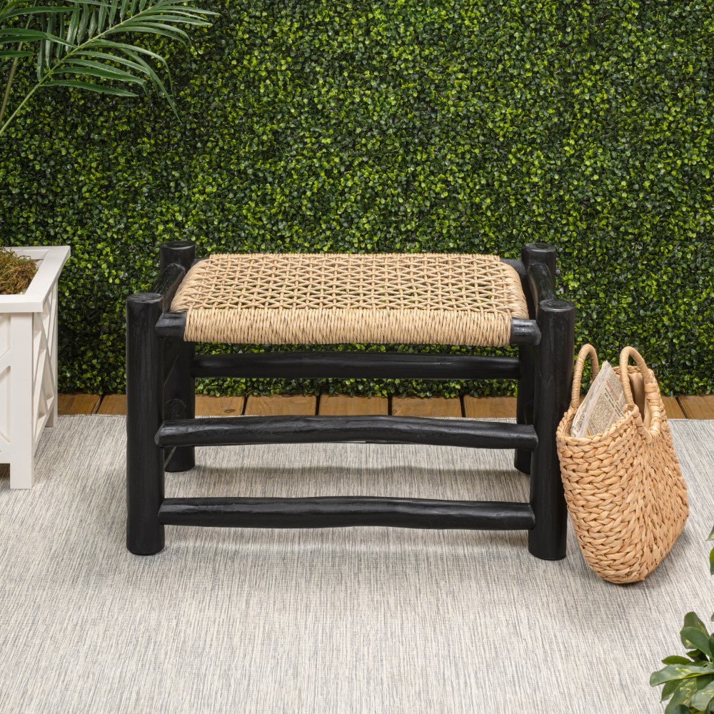 Armino 27.5" Coastal Bohemian Handcrafted Indoor/Outdoor Teak Wood Accent Stool with Woven Seat