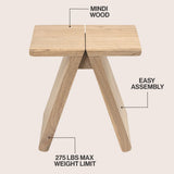 Zentro 15.75" Rustic Scandinavian Handcrafted Solid Mindi Wood Sculptural Base Accent Stool