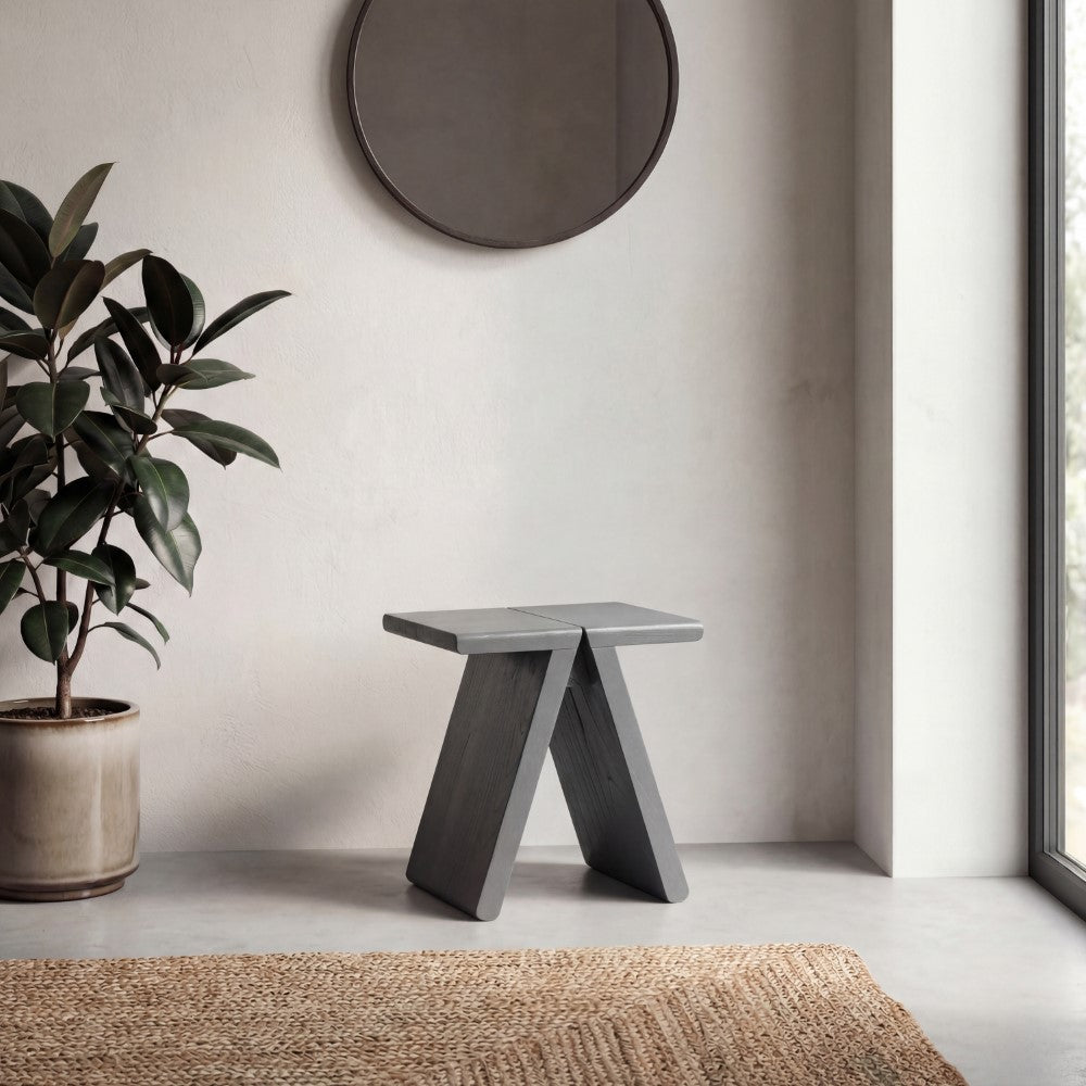 Zentro 15.75" Rustic Scandinavian Handcrafted Solid Mindi Wood Sculptural Base Accent Stool