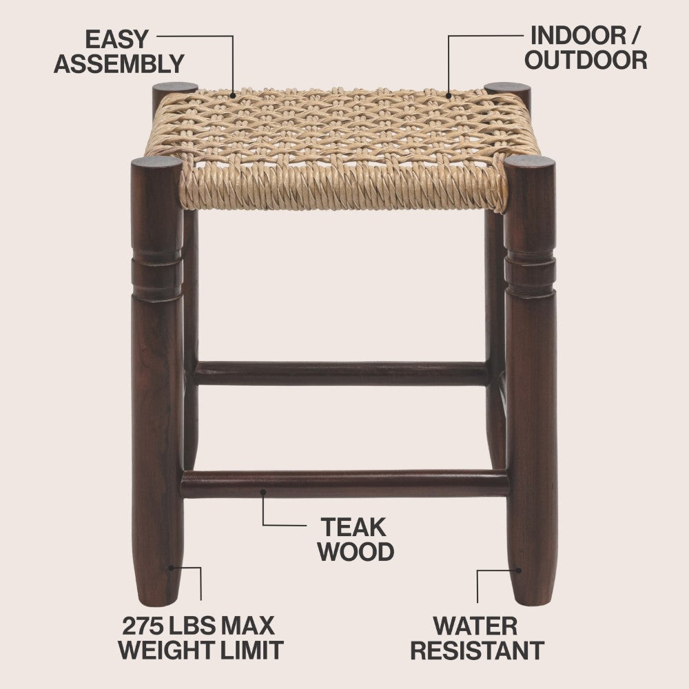 Morvyn 15.75" Casual Bohemian Handcrafted Teak Wood Backless Indoor/Outdoor Teak Wood Accent Stool with Synthetic Woven Rattan Seat