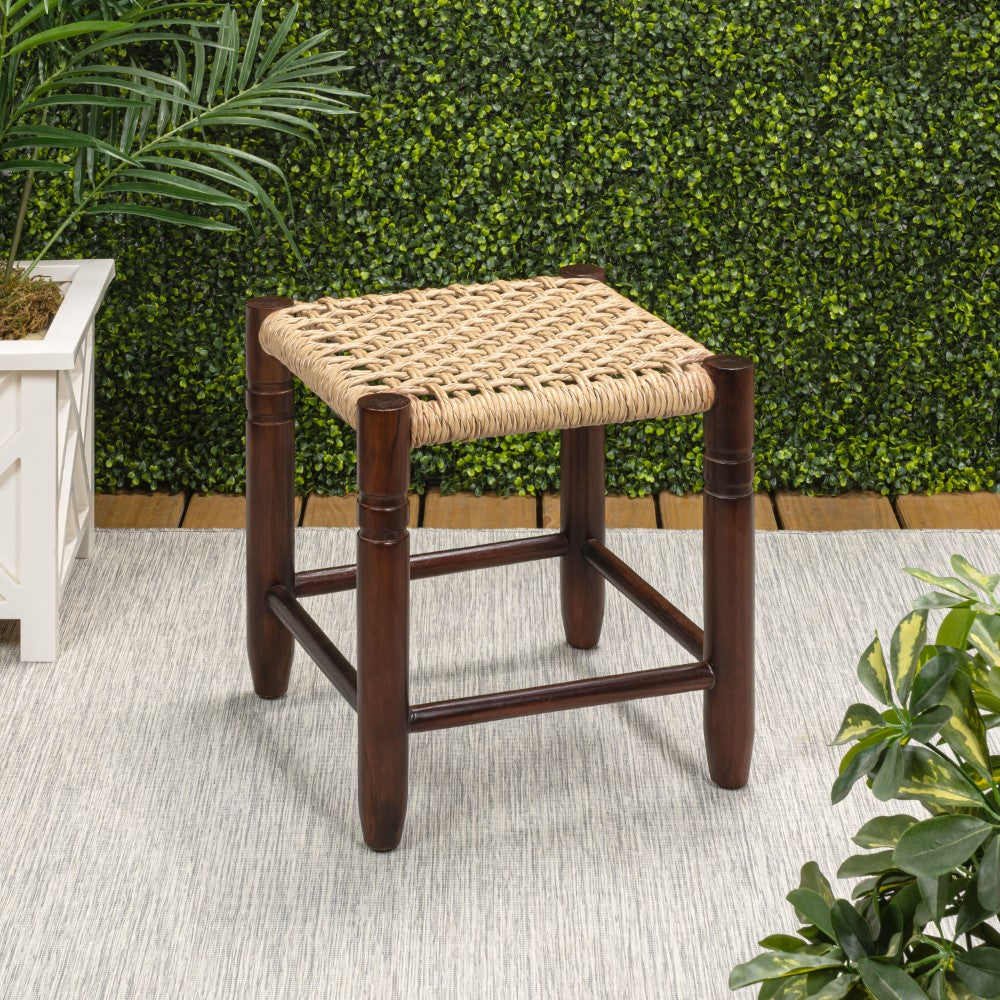 Morvyn 15.75" Casual Bohemian Handcrafted Teak Wood Backless Indoor/Outdoor Teak Wood Accent Stool with Synthetic Woven Rattan Seat