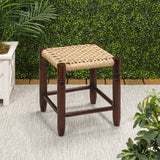Morvyn 15.75" Casual Bohemian Handcrafted Teak Wood Backless Indoor/Outdoor Teak Wood Accent Stool with Synthetic Woven Rattan Seat