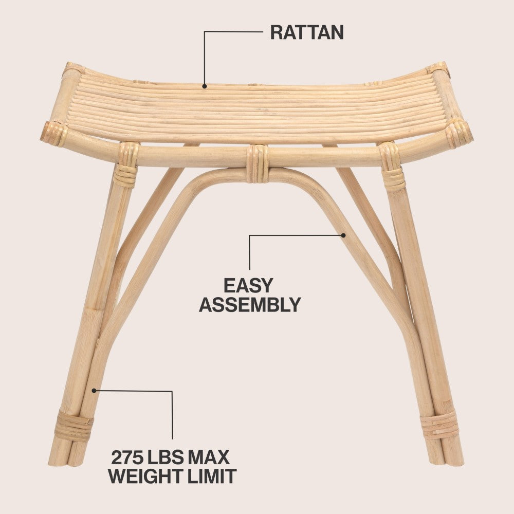 Talvero 17.7" Modern Bohemian Handcrafted Rattan/Teak Wood Curved Seat Accent Stool