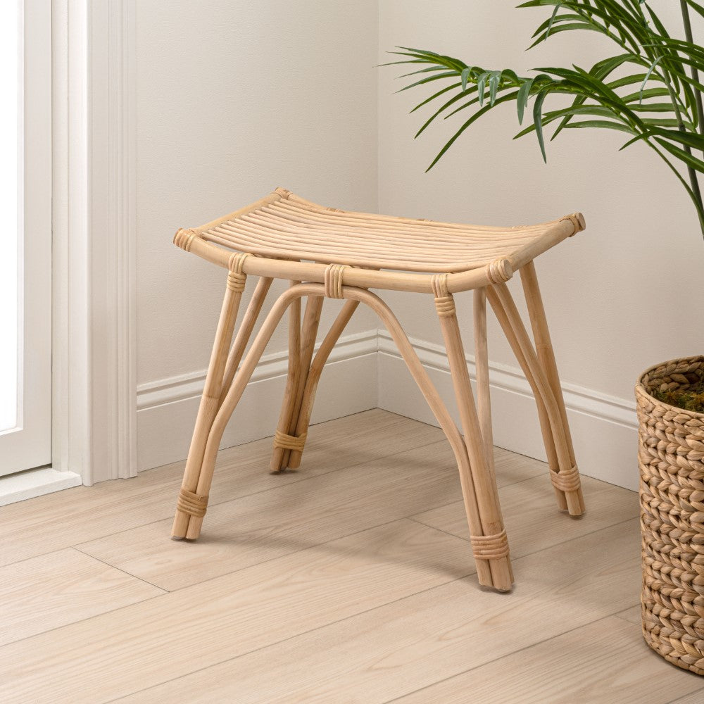 Talvero 17.7" Modern Bohemian Handcrafted Rattan/Teak Wood Curved Seat Accent Stool