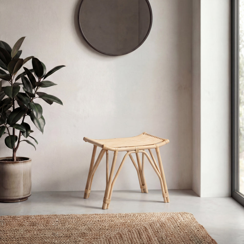 Talvero 17.7" Modern Bohemian Handcrafted Rattan/Teak Wood Curved Seat Accent Stool