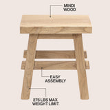 Evion 16.9" Rustic Farmhouse Solid Mindi Wood Handcrafted Accent Stool