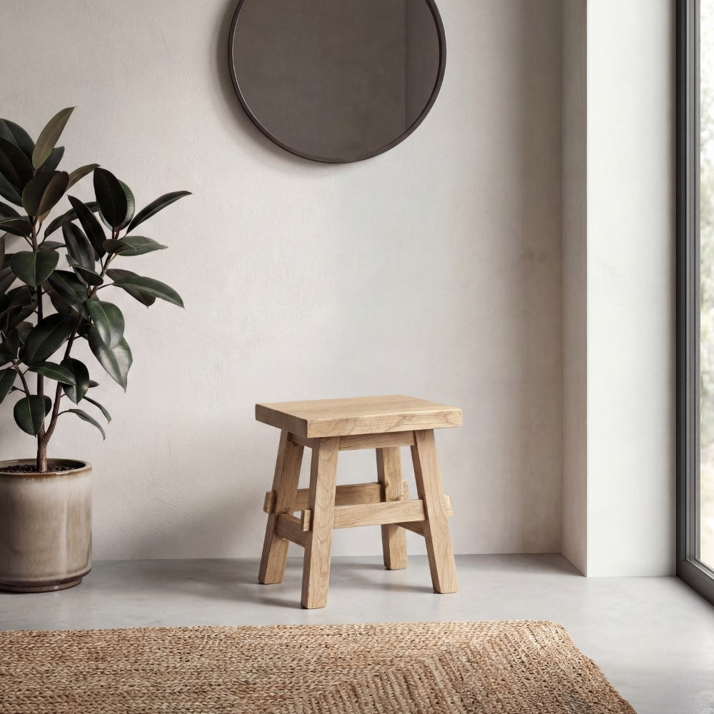 Evion 16.9" Rustic Farmhouse Solid Mindi Wood Handcrafted Accent Stool