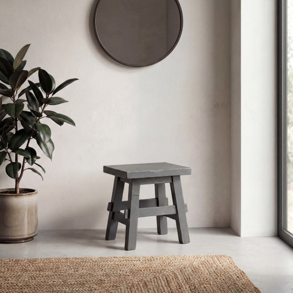 Evion 16.9" Rustic Farmhouse Solid Mindi Wood Handcrafted Accent Stool