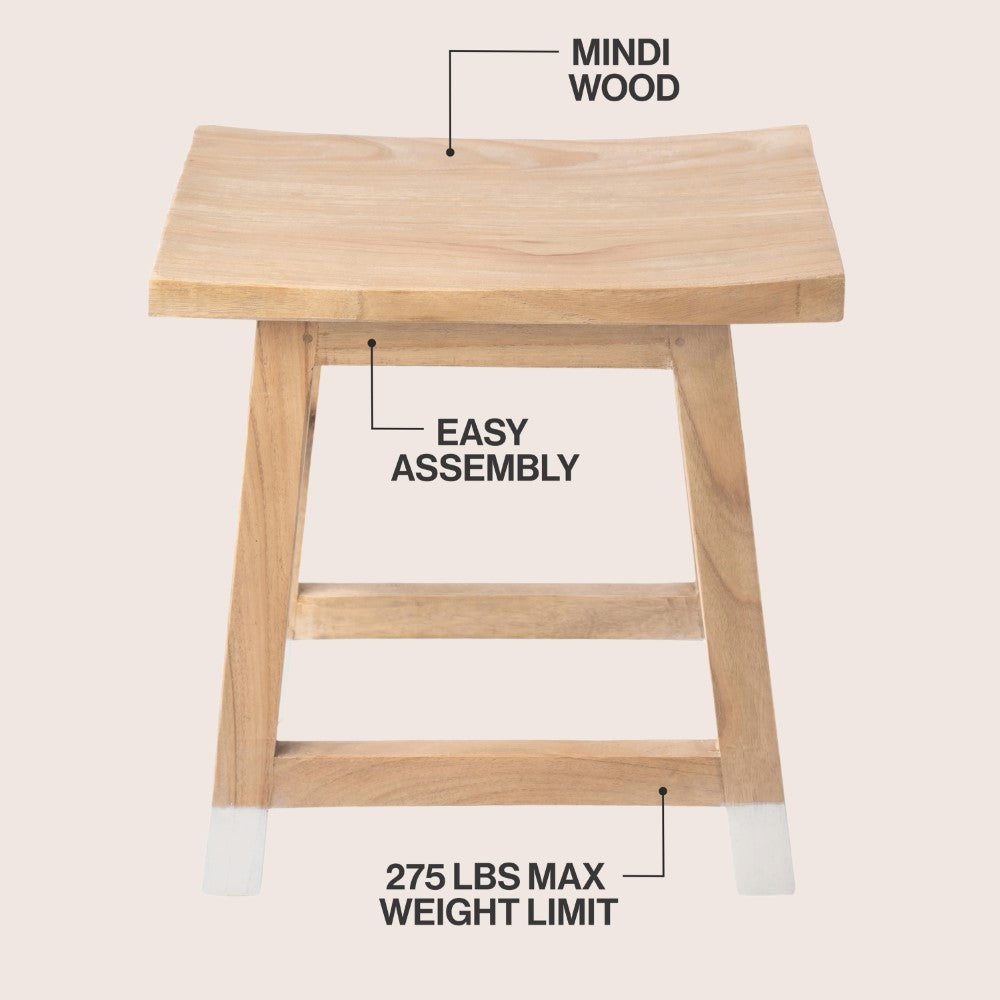 Corvex 18.3" Classic Casual Handcrafted Solid Mindi Wood Accent Stool with Tipped Legs