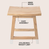 Corvex 18.3" Classic Casual Handcrafted Solid Mindi Wood Accent Stool with Tipped Legs