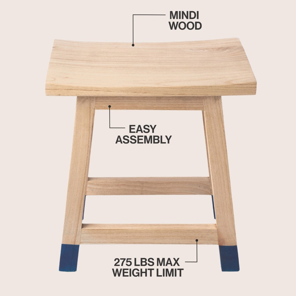 Corvex 18.3" Classic Casual Handcrafted Solid Mindi Wood Accent Stool with Tipped Legs