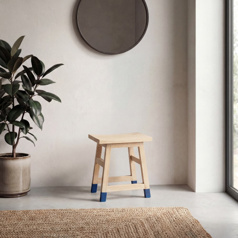 Corvex 18.3" Classic Casual Handcrafted Solid Mindi Wood Accent Stool with Tipped Legs